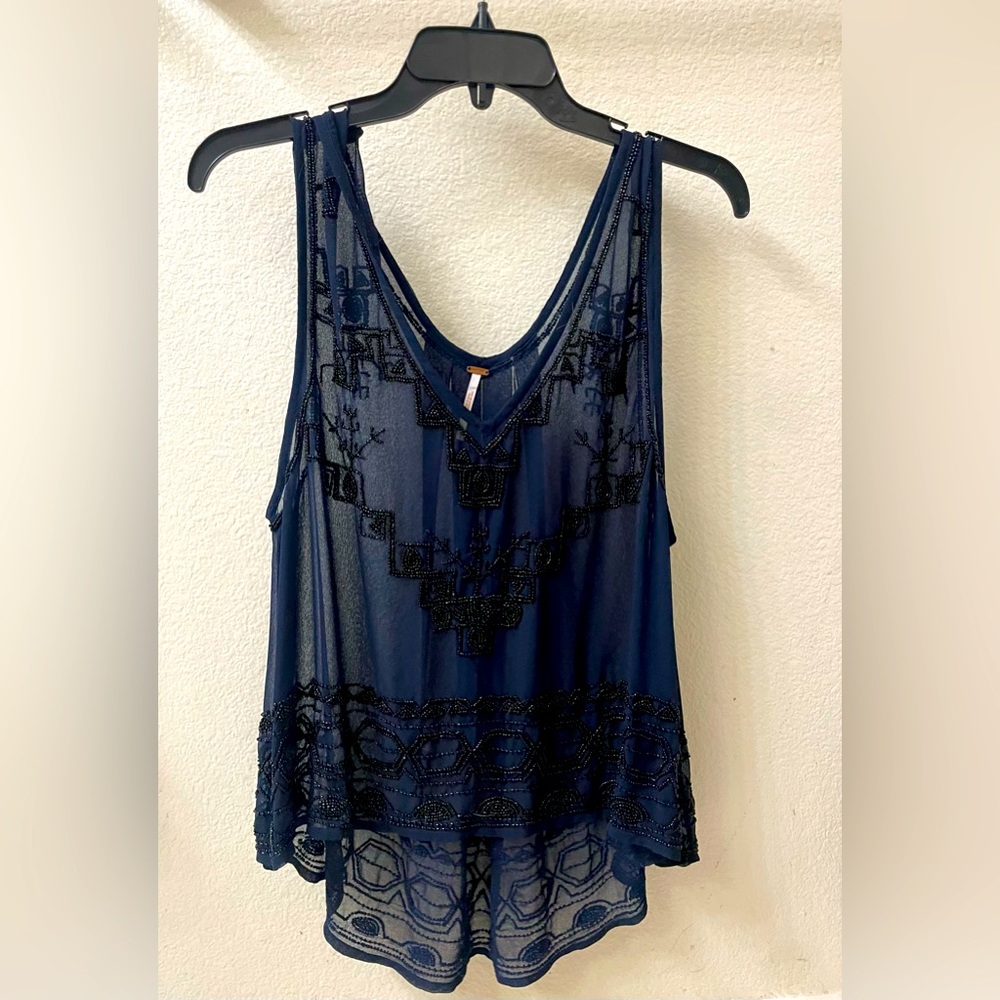 Beautiful sheer beaded tank in navy w/ intricate black beading. Never worn.